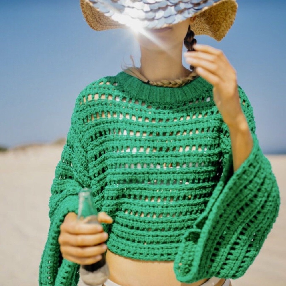 Free People Crochet Cropped Bell Sleeve Sweater - Picture 3 of 6